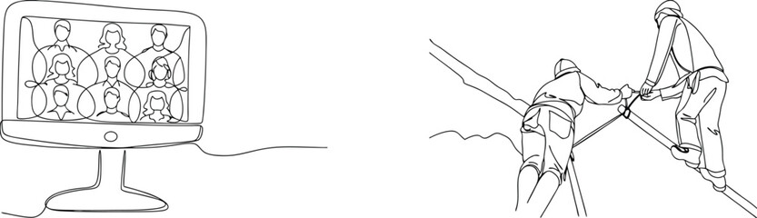 Continuous line drawings depicting technology meeting and construction work