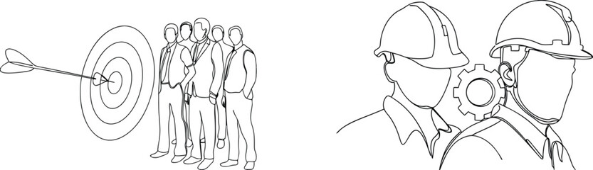 Construction Workers Safety Teamwork Concept Line Drawing