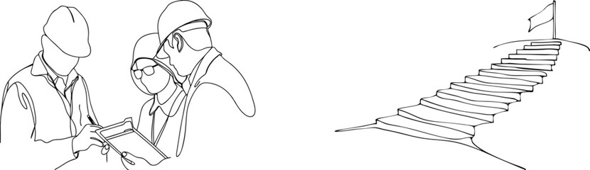 Engineering team discussing project plans while picturing success on the stairs illustration