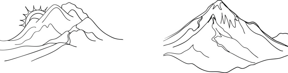 Simple hand drawn black and white mountain landscape scene with sunshine element