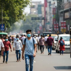 Obraz premium Young man wearing surgical face mask on urban street | face mask awareness | corona safety | covid mask girl photo | mask photo for health poster