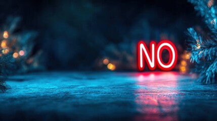 A vibrant neon sign displaying the word NO shines against a dark green backdrop. Surrounding soft lights create a moody atmosphere, highlighting the sign's message and colors
