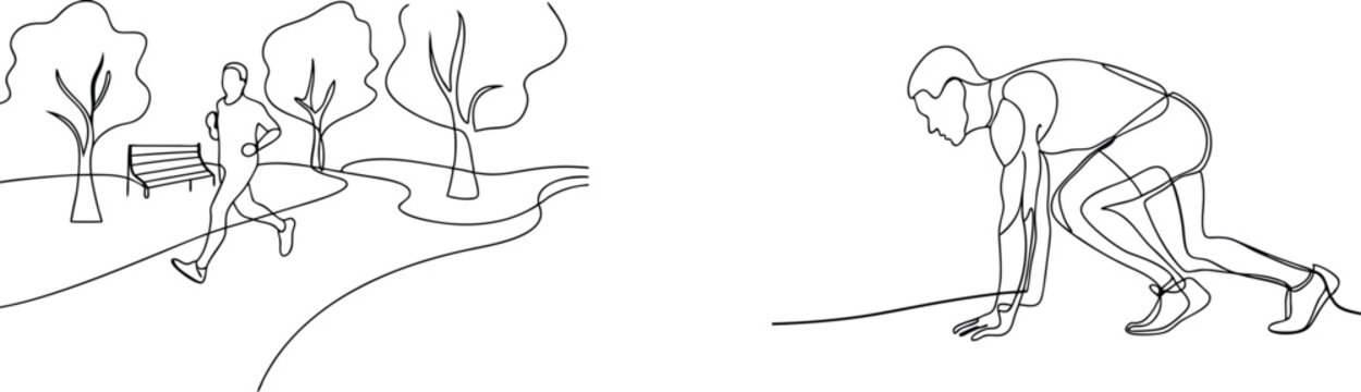 Single line art of a runner in a park and an athlete at the starting blocks