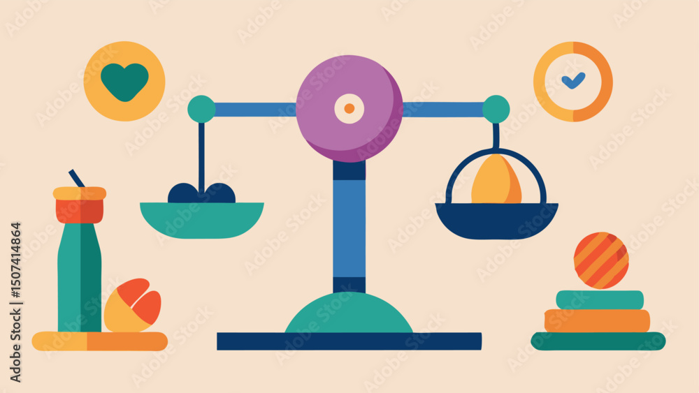 Poster lifestyle balance cartoonish scales balancing elements like exercise diet sleep and supplements symb