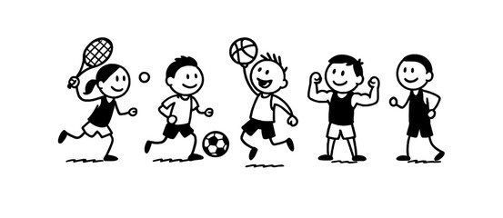 Children Playing Sports Stick Figure Kids Running Jumping and Playing Football Illustration