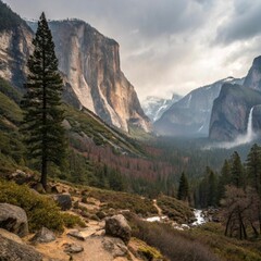Majestic Yosemite Valley Landscape Dramatic Cliffs, Waterfalls, and Hiking Trails