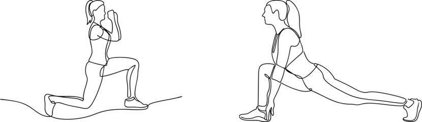 Continuous line drawing of a woman performing lunges for exercise and fitness training