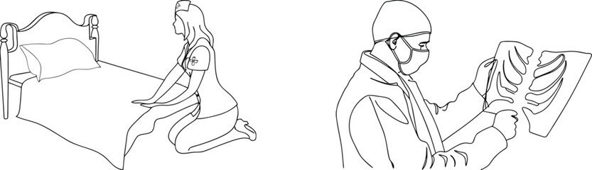 Healthcare professionals examining x-ray with a nurse by a patient's bedside in line art