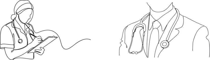 Continuous line drawing of medical professionals doctor and nurse with stethoscope and clipboard
