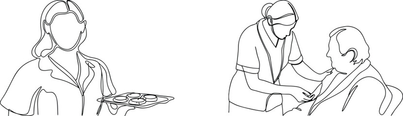 Continuous line drawing depicting healthcare workers serving and caring for patients in a clinic