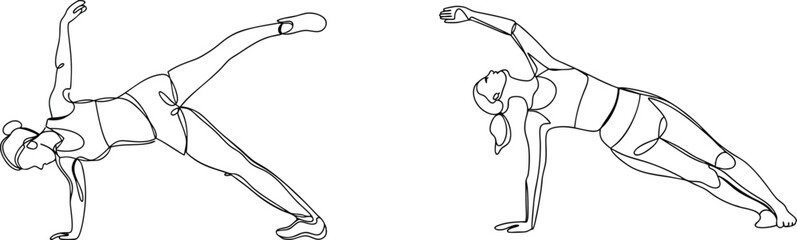 Continuous line drawing of female yoga poses illustrating fitness and exercise movements