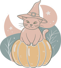 Cat Witch On Pumpkin Halloween Night Illustration