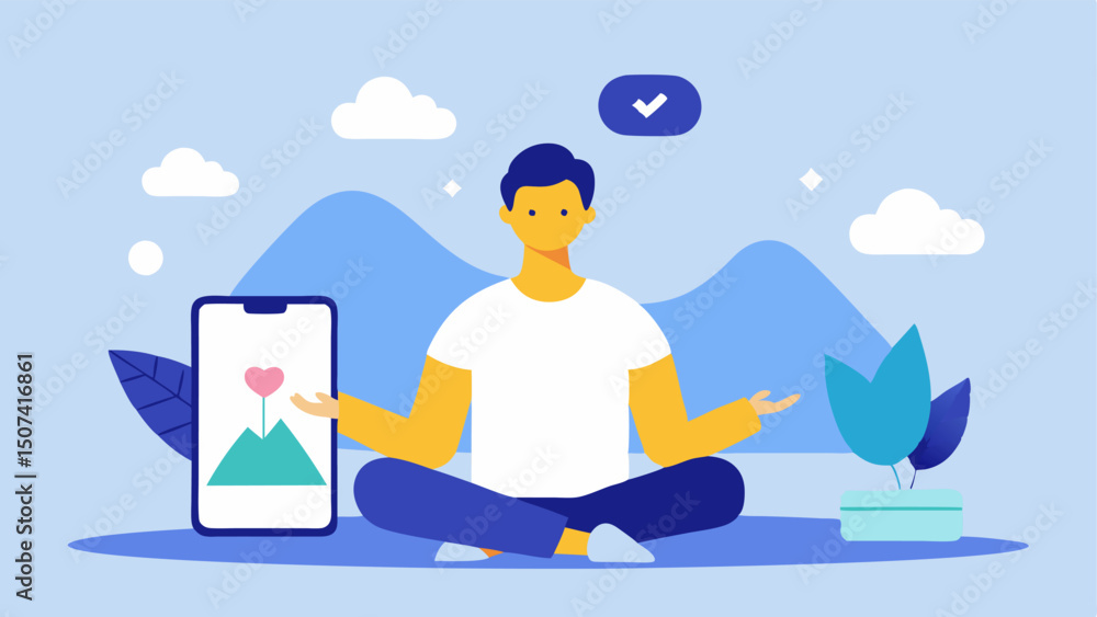 Poster mindfulness session the health coach guiding a relaxation exercise showing a calming app on a smartp
