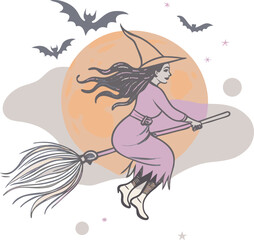 Retro Halloween Witch Flying at Night Design
