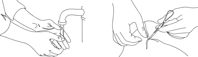 Handwashing and surgical suturing techniques depicted in a simple black and white line art illustration