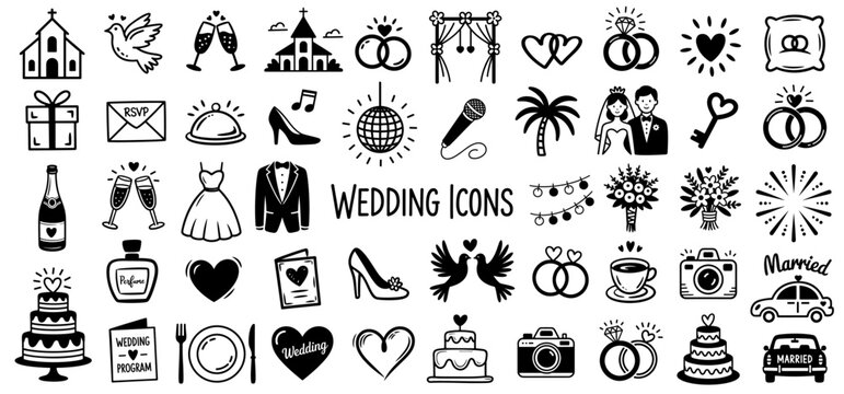 Simple black and white wedding icons in doodle style, including rings, cake, dress, bouquet, couple, and celebration symbols for for wedding invitations and event planning