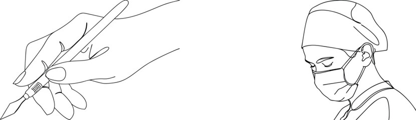 Surgical scene depicting a surgeon with scalpel and mask performing operation vector illustration