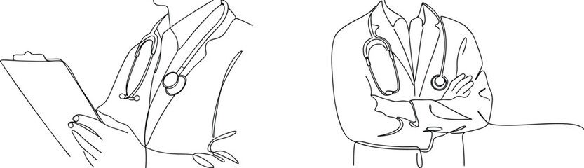 Line drawing of a doctor with stethoscope and clipboard symbolizing medical profession