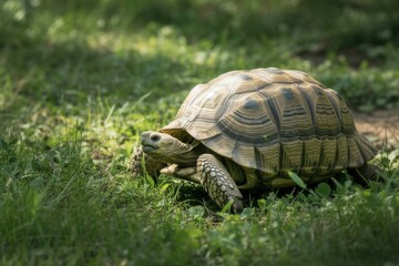 Fototapeta premium Tortoise walking on grass with detailed shell and clawed feet