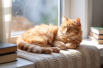 Fluffy Cat Sunbathing by the Window