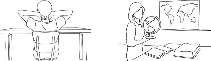 Classroom setting illustrations featuring a student resting and a teacher examining the globe