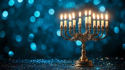 Hanukkah menorah with burning candles in a blue bokeh background.