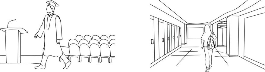 Graduation ceremony and student walking in school hallway line art illustration © kajallata