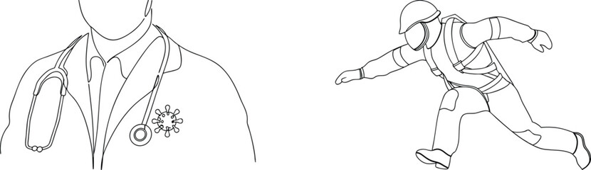 Line art illustration showing a doctor with a stethoscope and a running firefighter