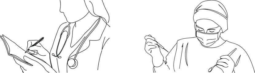 Minimalist line drawing depicting a doctor recording notes and surgeon preparing for operation