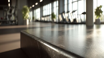 Fototapeta premium Sleek gym interior with cardio machines and polished dark countertop in natural light