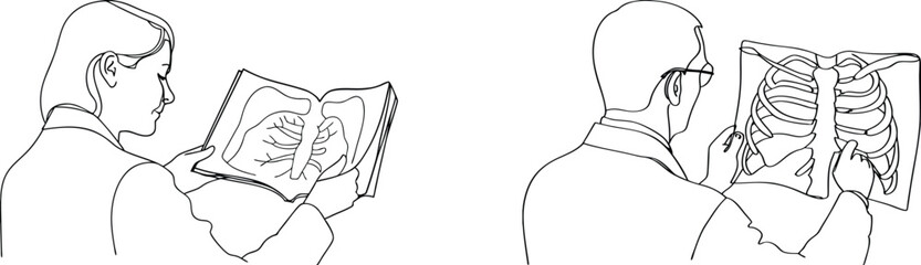 Doctors examining medical x-ray images of lungs and rib cage diagnostic illustration