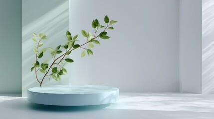 Minimal blue display platform with green branch on white surface