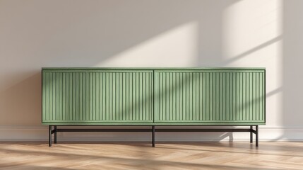 Green minimalist sideboard with black legs in neutral room