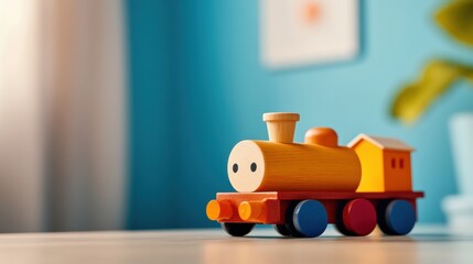 Bright and colorful wooden toy train placed on a smooth surface in an inviting children's playroom. The vibrant colors and playful design create an engaging atmosphere for kids to explore
