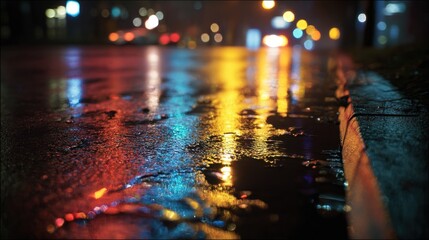 Night City Street Reflections Wet Asphalt Glows with Colorful Lights