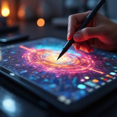 Digital tablet showing NFT art creation process with stylus and vibrant colors

