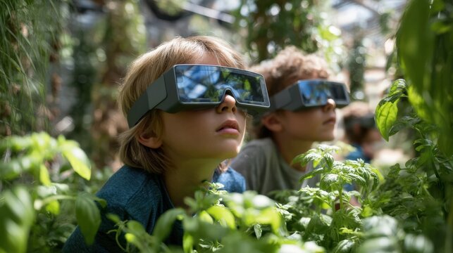 Children wearing VR headsets explore a lush green botanical garden experiencing immersive nature