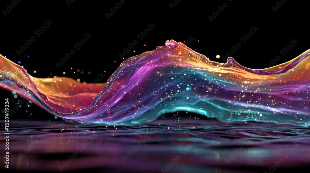Poster vibrant colorful liquid splash abstract background image with glittering particles