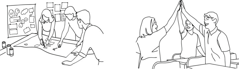 Business team brainstorming and celebrating success with high fives in a collaborative environment