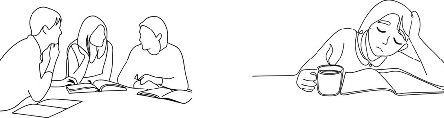 Line drawing of students studying and one exhausted person with a book and coffee mug.