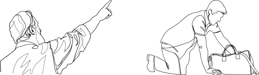 Continuous line art depicting a man pointing and another man kneeling with luggage
