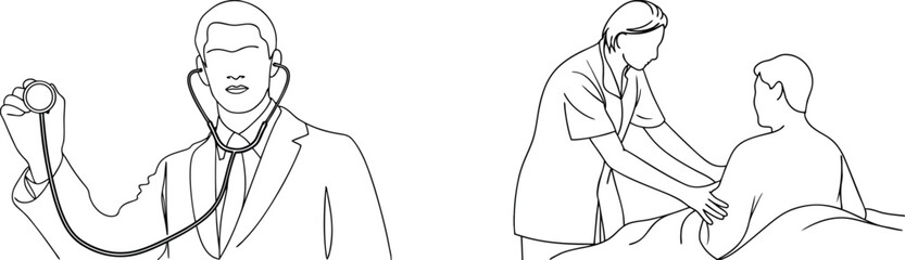 Vector illustration of doctors examining a patient during a medical checkup in outline form