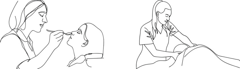 Line art illustration of beauty salon services including massage and facial treatments