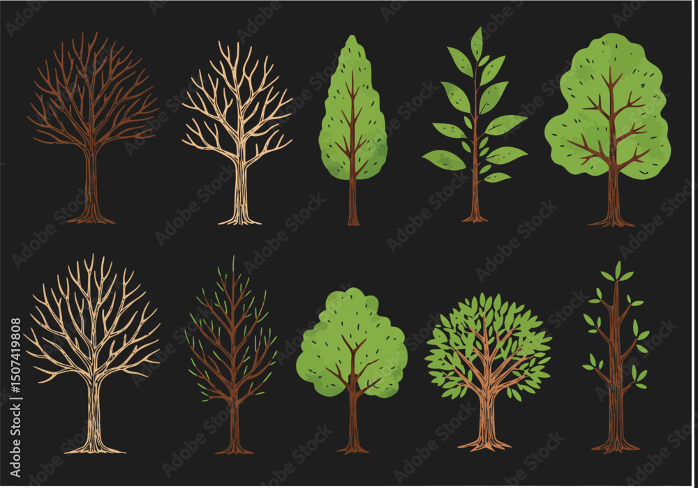 Poster set of tree and leaf collection hand drawn flat design vector element. botanical set of bare trees a