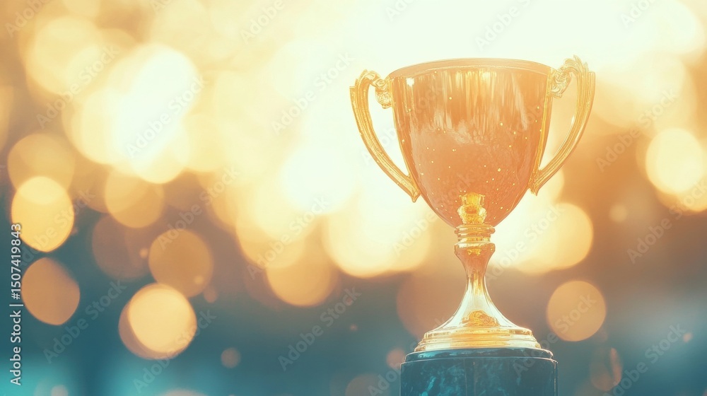 Poster a golden trophy sparkles in the foreground, illuminated by a myriad of colorful bokeh lights in the 