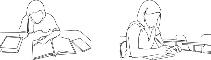 Continuous line drawing depicting students studying and working in a classroom environment