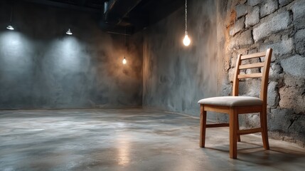 Old wooden chair sits in the center of a dimly lit room, softly illuminated by a hanging light bulb, creating a contemplative mood