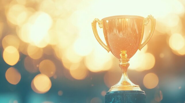 A golden trophy sparkles in the foreground, illuminated by a myriad of colorful bokeh lights in the background. This visual enhances a sense of triumph and festivity during a special occasion
