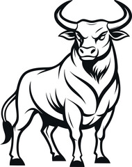 Line art bull in attack pose, vector.