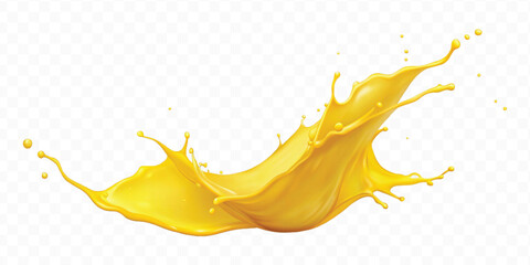 realistic 3d smooth liquid yellow juice or  paint splashes in wave style isolated on transparent background	